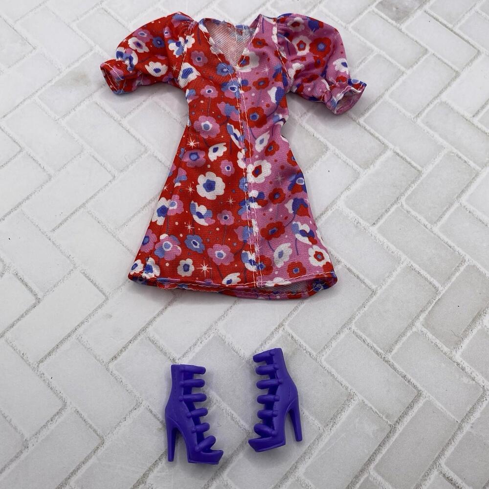 Barbie Dress~ Red Floral Blue Heels Fashionista #177